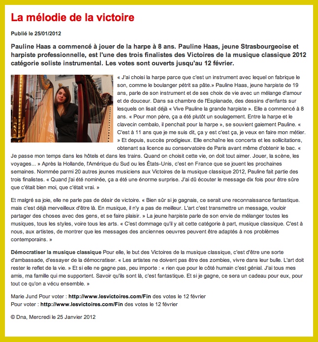 Article DNA La melodie - Pauline Haas - harpe