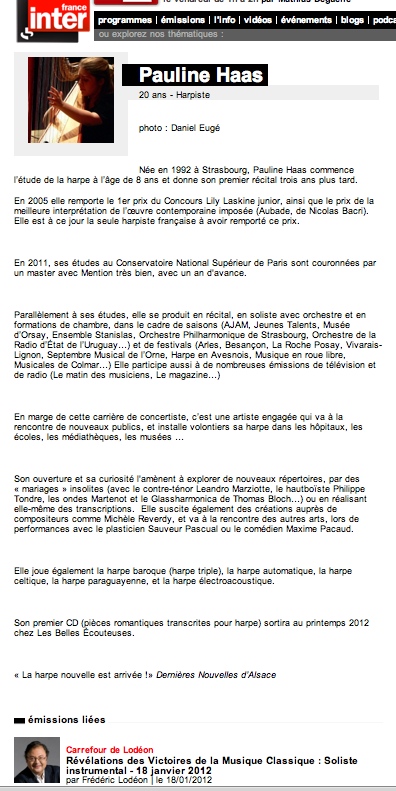 Pauline Haas harpe France Inter Carrefour de Lodeon