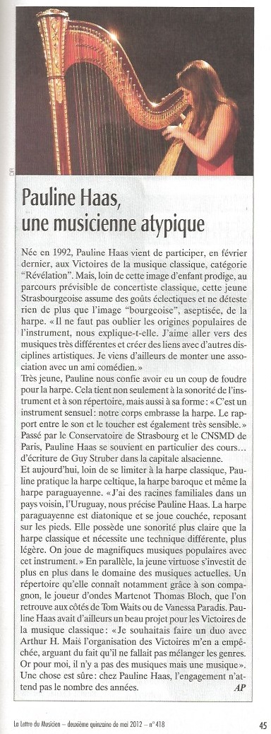 Article Lettre du Musicien - Pauline Haas - harpe